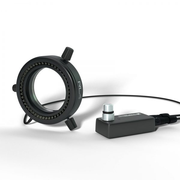 Schwarzes LED-Ringlicht mit Kabel und Steuereinheit für den Betrieb.